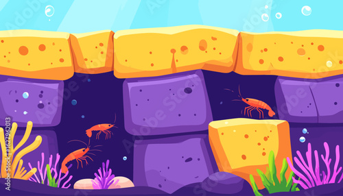 A vibrant cartoon underwater landscape with orange shrimp exploring colorful porous sponges and seaweed.