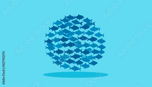 A unified school of stylized blue fish forming a cohesive egg shape. The cartoon fish symbolize teamwork, community, and strength in numbers.