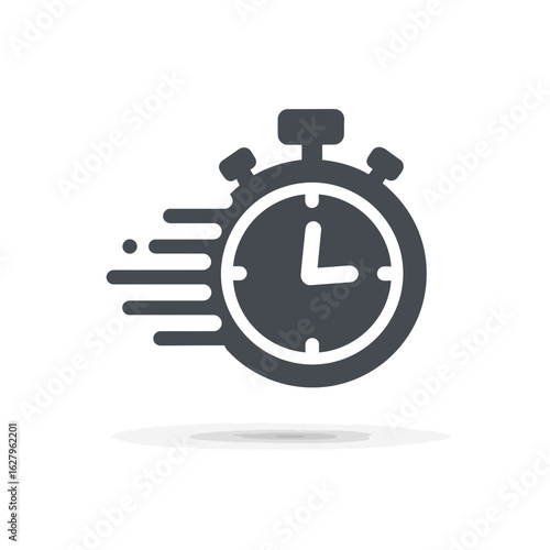 A graphic icon of a stopwatch displays rapid movement with motion streaks implying speed, concept for delivery efficiency, time-sensitive tasks, and productivity tracking