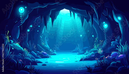 A magical underwater cave illuminated by glowing flora and ethereal light beams.