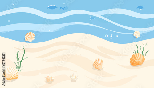 Illustrated underwater scene with a sandy seabed, seashells, seaweed, and fish swimming in blue water.