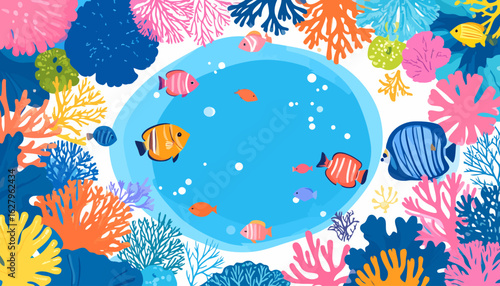 A stylized graphic illustration of a lively coral reef with various colorful fish swimming among bright corals.