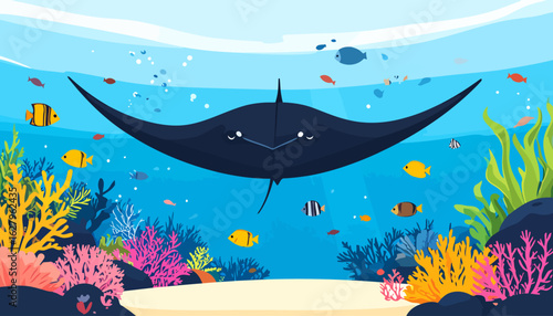 Majestic dark manta ray with wide wings and simple white eyes gliding forward.