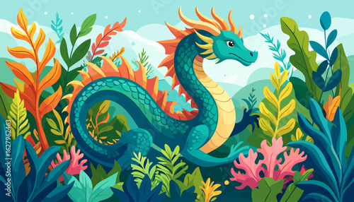 Serene teal dragon with orange fins and yellow horns, featuring a long coiled body and detailed scales.