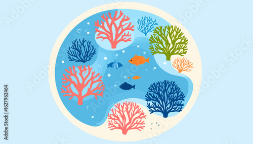 Vibrant underwater world illustration with colorful corals and fish in a circular frame.
