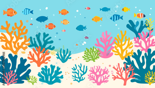 A vibrant underwater scene illustration with colorful cartoon fish swimming above a bright coral reef.