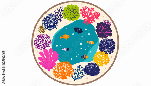Vibrant circular illustration of a stylized coral reef with colorful fish swimming among diverse sea plants.