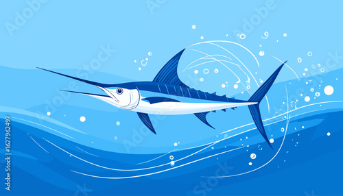 Stylized blue marlin with a long bill and large dorsal fin, swimming dynamically in a graphic art style.