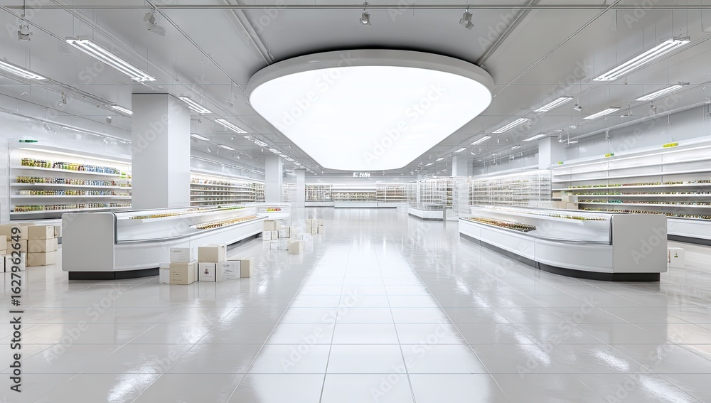 Fototapeta premium Modern supermarket interior with white display shelving and refrigerated counters.
