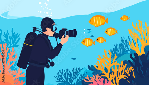 Scuba diver in a dark wetsuit with a camera photographing a school of yellow fish.