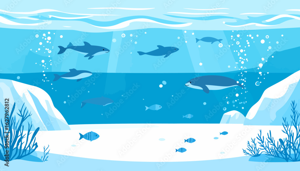 Naklejka premium A serene arctic underwater scene with a pod of smiling dolphins and fish swimming in the blue ocean.