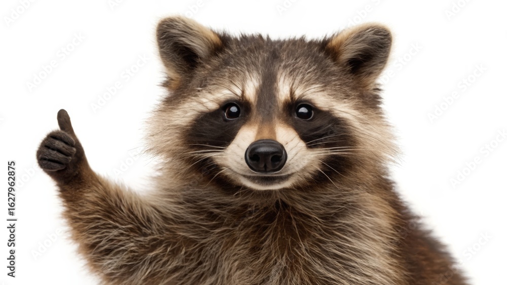 Adorable Raccoon Giving Thumbs Up on White Background