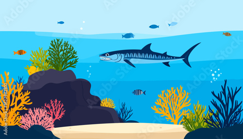 Vibrant cartoon underwater world with a predatory barracuda, colorful fish, and coral reef on the sandy seabed.
