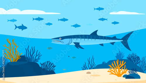 A fierce, stylized blue barracuda with sharp, jagged teeth and dark vertical stripes.