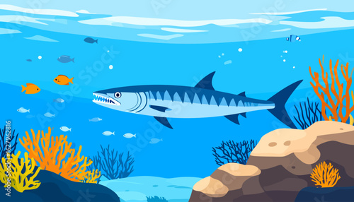 Stylized blue barracuda illustration with bared sharp teeth and a fierce look.