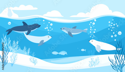 Four happy cartoon seals in blue and white hues swimming gracefully in the ocean.