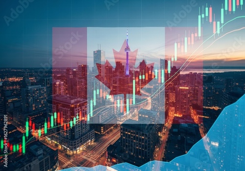 Canadian Urban Finance: Economic Growth and Investment - Symbolizing Canadian economic strength, urban development, financial markets, investment opportunities, and national pride.