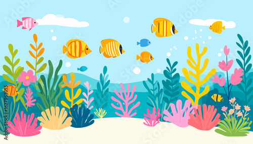 Vibrant illustration of a colorful underwater world with tropical fish and whimsical sea plants.