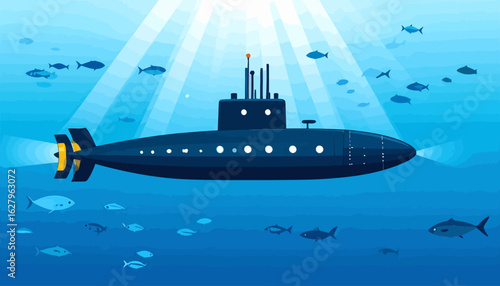 Dark blue submarine illustration with illuminated portholes, a conning tower, and a yellow propeller.