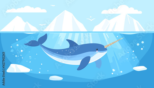 Adorable blue cartoon narwhal with a long spiral tusk swimming happily.