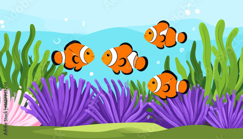 A vibrant school of four cartoon clownfish with orange bodies, white stripes, and black fins.