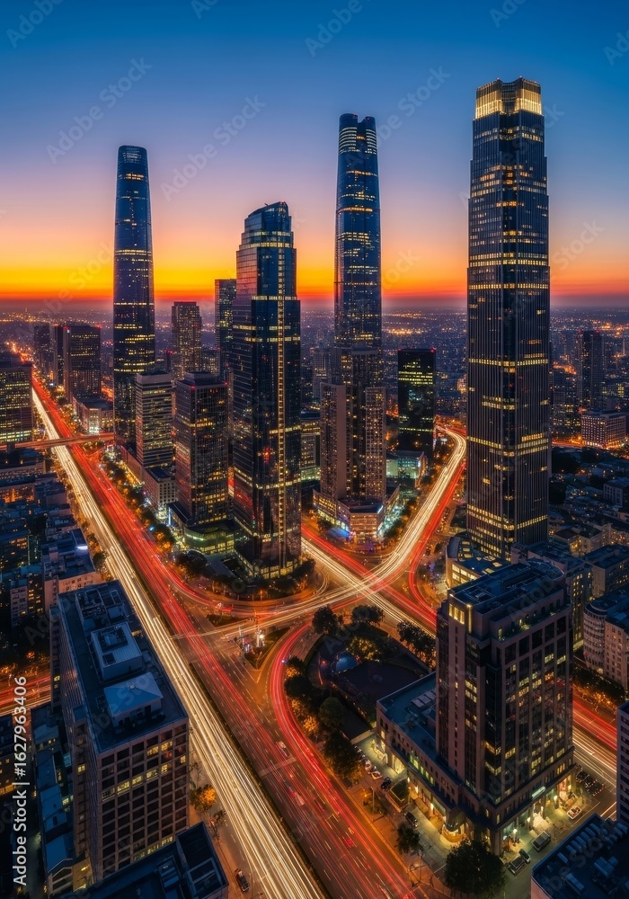 Fototapeta premium Cityscape at Dawn - Stunning aerial view of a modern city skyline at sunrise, showcasing skyscrapers and illuminated highways