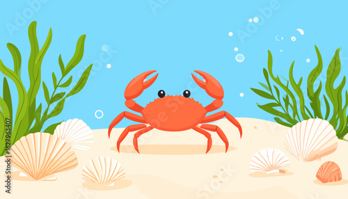 Cute Red Cartoon Crab with Big Eyes and Raised Pincers