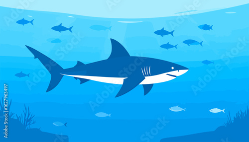 A stylized blue and white shark illustration with sharp fins and gills, swimming in profile view.