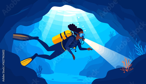 A Black woman scuba diver in a blue wetsuit with a yellow tank explores a dark cave with a flashlight.