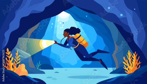Adventurous Black woman scuba diver with an orange tank exploring a dark underwater cave with a bright flashlight.