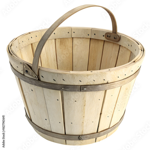 Wooden bushel basket with handle, rustic container for harvesting and storage on transparent background