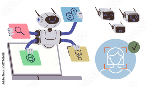 Robot multitasking with search, globe, ideas, and gears icons on a laptop, smiling smart robots in corner, verified facial recognition illustration. Ideal for AI, technology, innovation machine