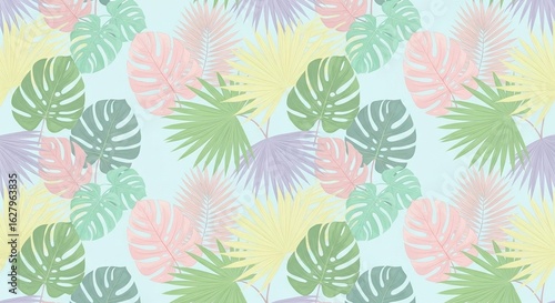 Vibrant pastel tropical leaves pattern with monstera and palm fronds on a soft blue background.