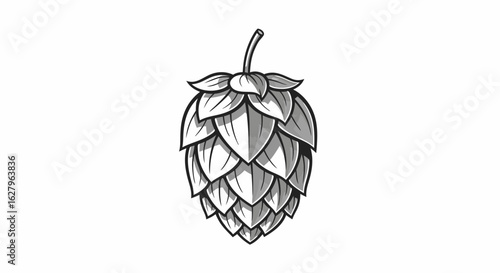 Vector Minimalist Black and White SVG Illustration of Hop Cone with Geometric Leaf Pattern in Flat Design Style for Digital Media