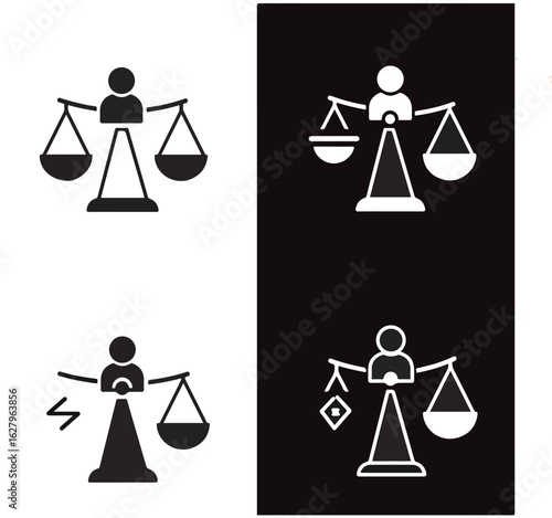 Collection of black glyph icons representing legal concepts, justice, fairness, civil rights, and ethical balance.