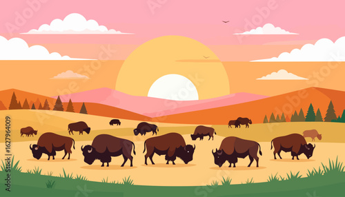 A stylized vector illustration of a large herd of brown American bison grazing on a prairie.