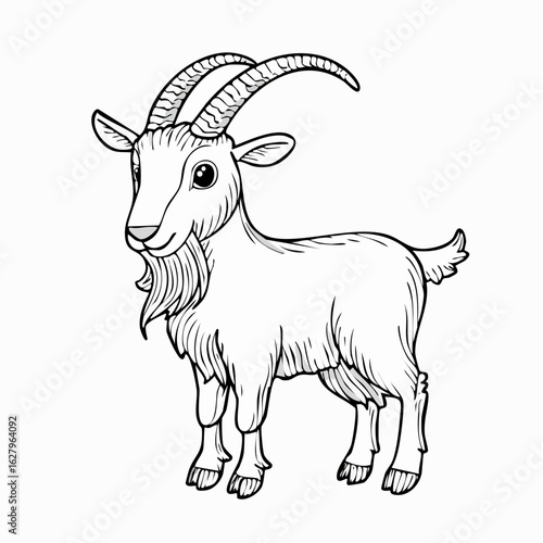 Charming Black and White Goat Illustration with Intricate Details and Expressive Eyes