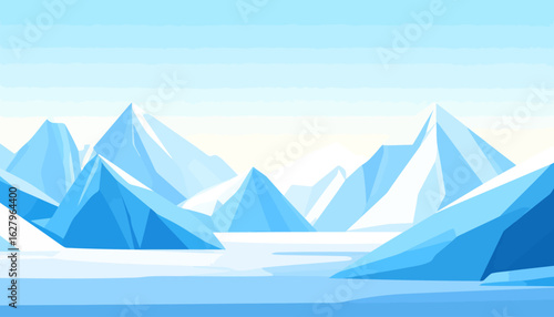 Minimalist arctic landscape with geometric blue icebergs and white snow-capped peaks.