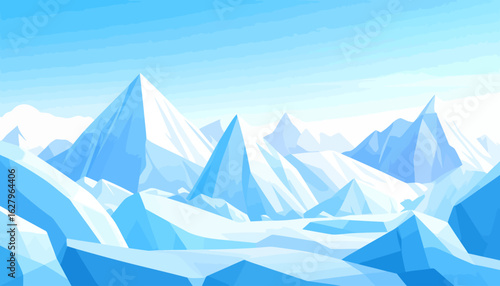 Stylized arctic mountain range with sharp, geometric peaks and glaciers in shades of blue and white.