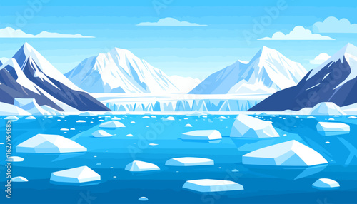 Stylized arctic landscape featuring snowy mountains, a vast glacier, and floating icebergs in serene blue water.