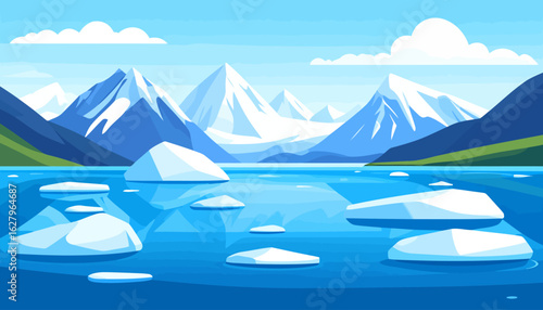Serene arctic landscape with majestic snow-capped mountains and floating icebergs in a calm blue bay.