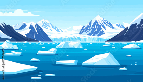 Stylized arctic landscape with floating icebergs and majestic snow-covered mountains.