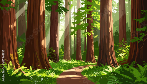 Sunlit Path Winding Through a Stylized Forest of Giant Redwood Trees