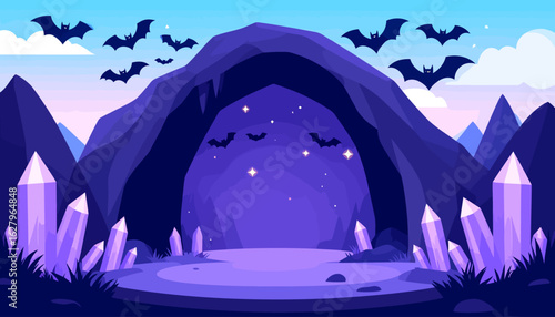 Enchanted cavern entrance with glowing amethyst crystals and a swarm of bats at dusk.