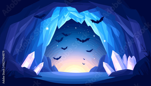 Mystical blue crystal cave with faceted walls, glowing gems, and a swarm of bats flying out at dawn.