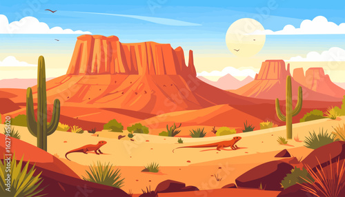 Warm, sun-drenched desert landscape illustration with towering red mesas, saguaro cacti, and lizards.
