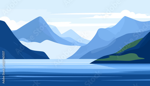 Serene mountain landscape illustration with layered blue peaks, green hills, and a calm lake.