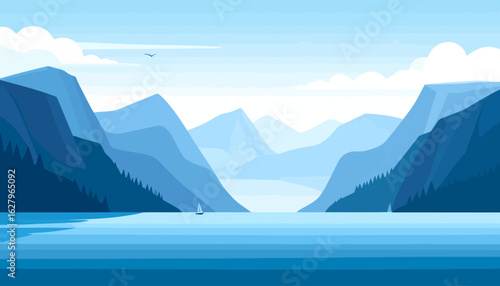 Serene blue mountain landscape with a fjord and sailboats, flat vector illustration.