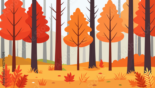 Vibrant autumn forest illustration with colorful orange and red trees and fallen leaves.