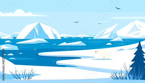 Stylized arctic landscape with a polar bear on a snowy shore, surrounded by icebergs and a fir tree.
